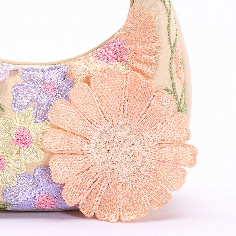 3D Floral Embroidery Hobo Bag for Women | Mesh Jacquard PU Leather A42