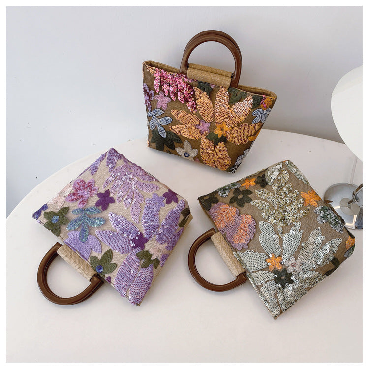 Bamboo Handle Sequin Floral Tote Bag for Women | Fabric Top Handle A46