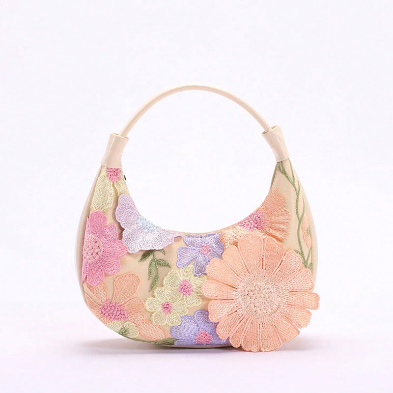 3D Floral Embroidery Hobo Bag for Women | Mesh Jacquard PU Leather A42