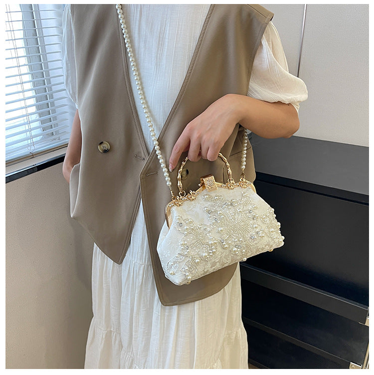 Pearl Embroidered Clutch Bag | Beaded Chain Shoulder Handbag A56