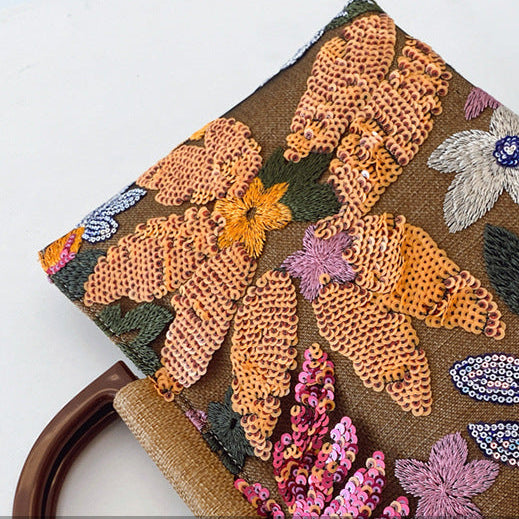 Bamboo Handle Sequin Floral Tote Bag for Women | Fabric Top Handle A46