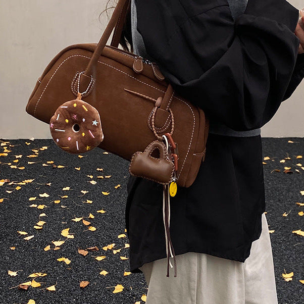 Women's Suede Shoulder Bag Retro Pillow Shape with Charm A24