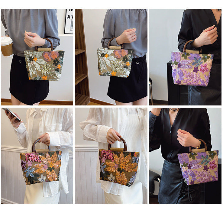 Bamboo Handle Sequin Floral Tote Bag for Women | Fabric Top Handle A46