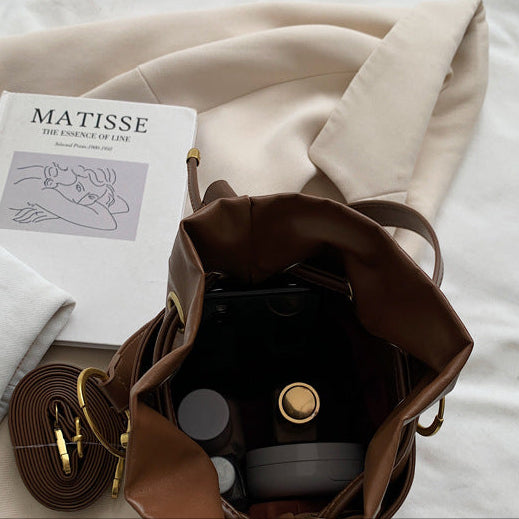 Niche PU Leather Bucket Bag | Drawstring Crossbody Mini Bag A48