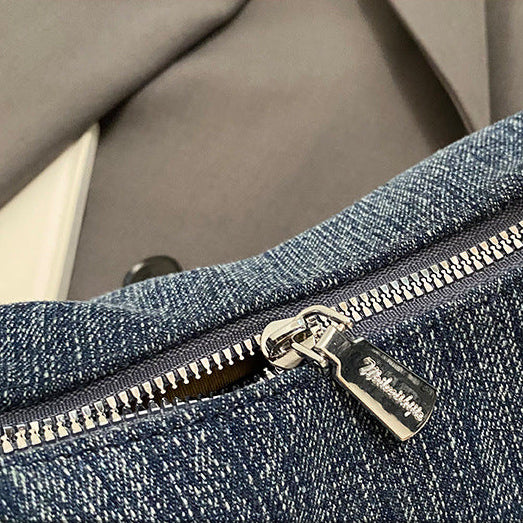 Women's Denim Shoulder Bag with Bear Charm Compact Crossbody A23