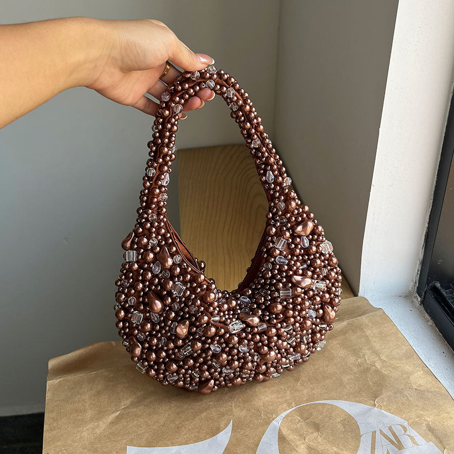 Crystal Beaded Woven Underarm Bag | Retro PVC Dumpling Bag A59