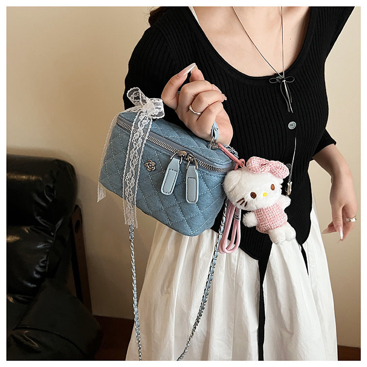 Quilted Denim Box Bag | Chanel-Style Chain Crossbody Handbag A63