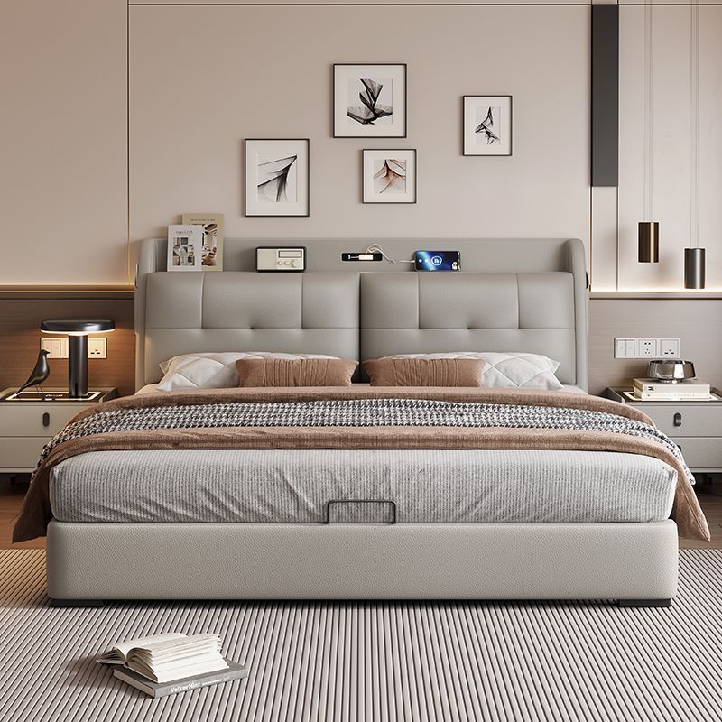 Modern Soft-Upholstered Leather Bed Italian Style High Box Storage Bed A105