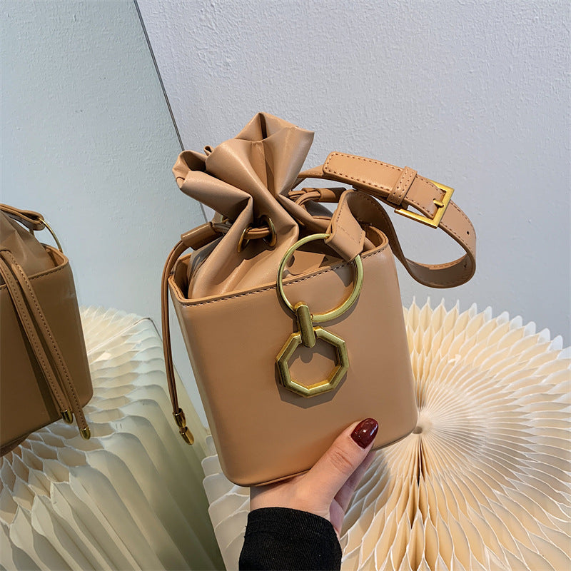 Niche PU Leather Bucket Bag | Drawstring Crossbody Mini Bag A48