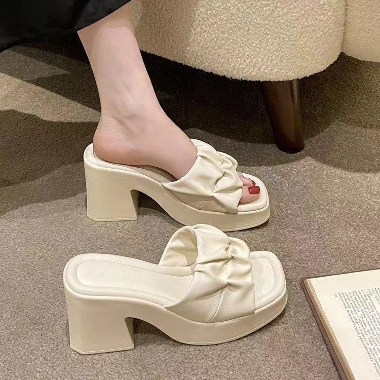 Thick-Heeled Sandal Mules | Korean Style PU High-Heel Flip-Flop Shoes A72