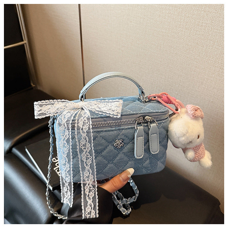 Quilted Denim Box Bag | Chanel-Style Chain Crossbody Handbag A63