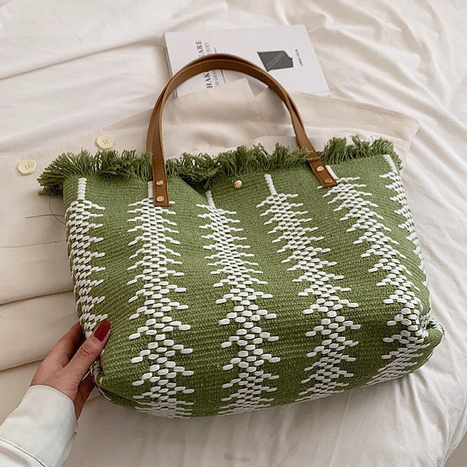 Large Canvas Tassel Tote Bag | Woven Shoulder Bag for Women A57