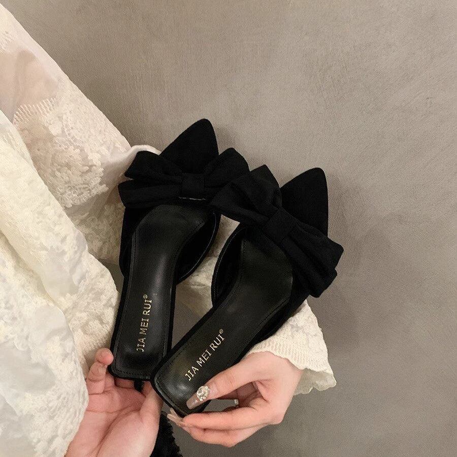 Bow Pointed-Toe Chunky Heel Sandals | Korean Style Summer Heels for Women A74