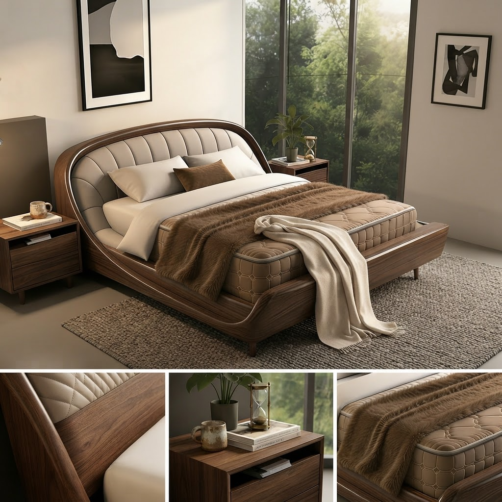 Solid Black Walnut Wood Double Bed | Master Bedroom Wedding Bed A101