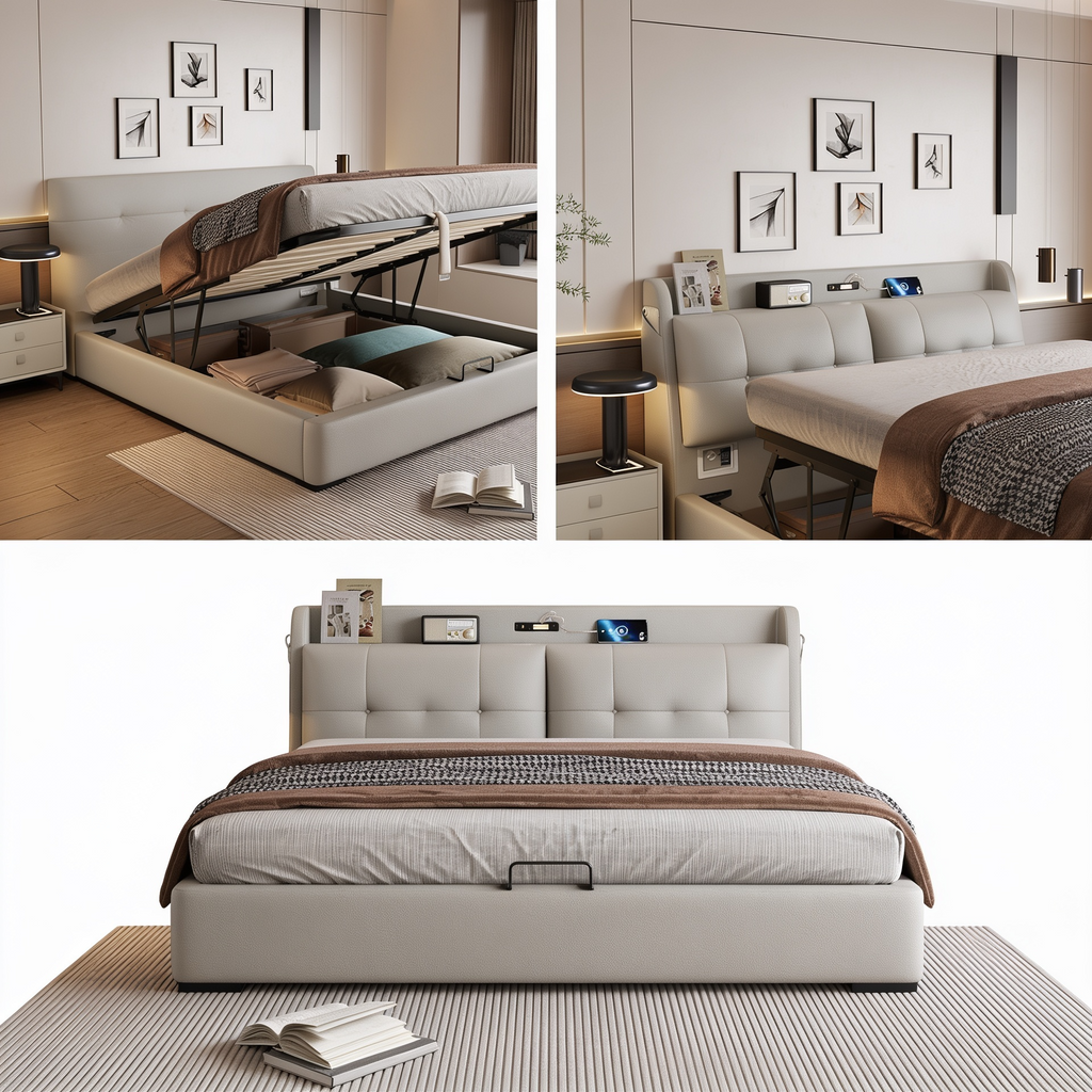 Modern Soft-Upholstered Leather Bed Italian Style High Box Storage Bed A105