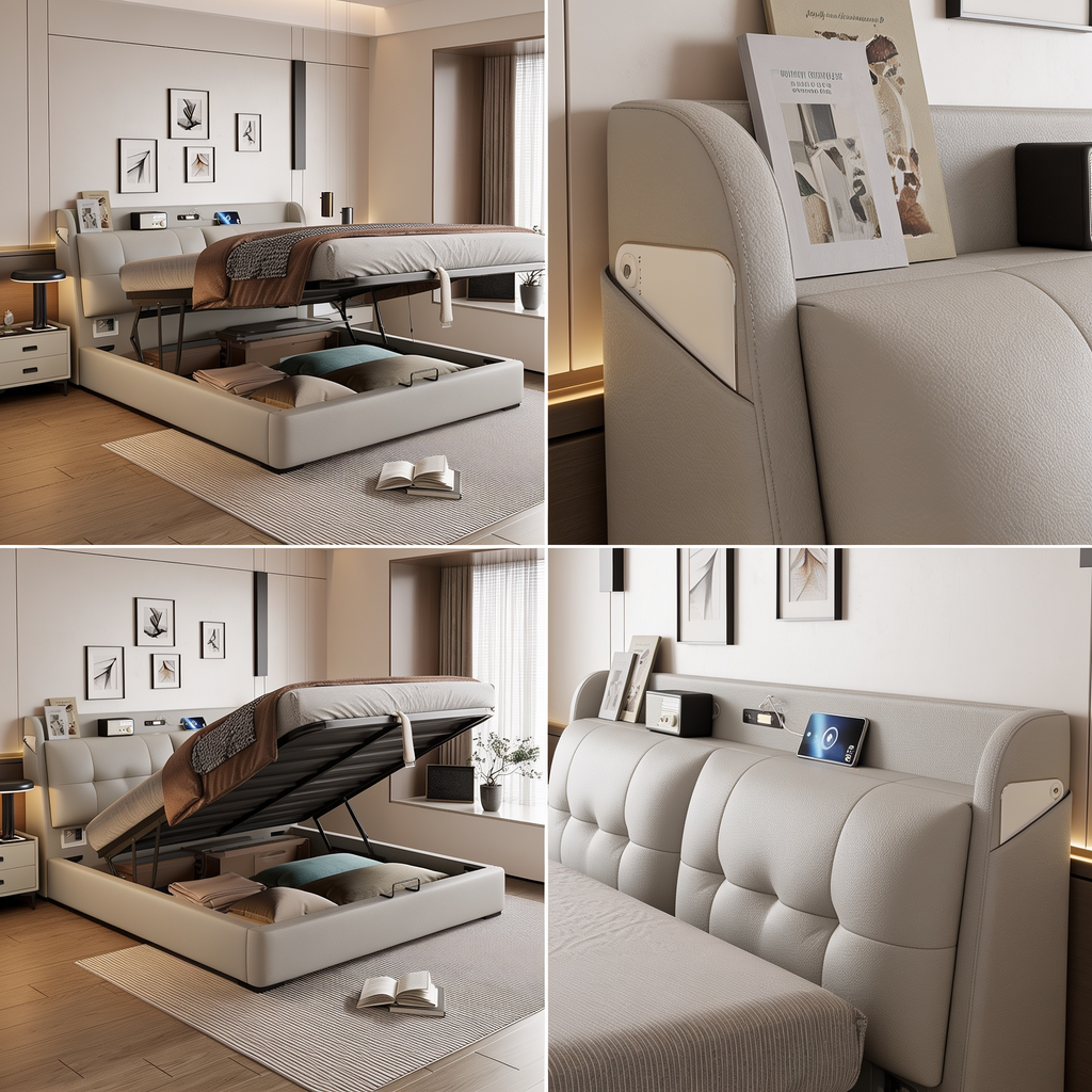 Modern Soft-Upholstered Leather Bed Italian Style High Box Storage Bed A105