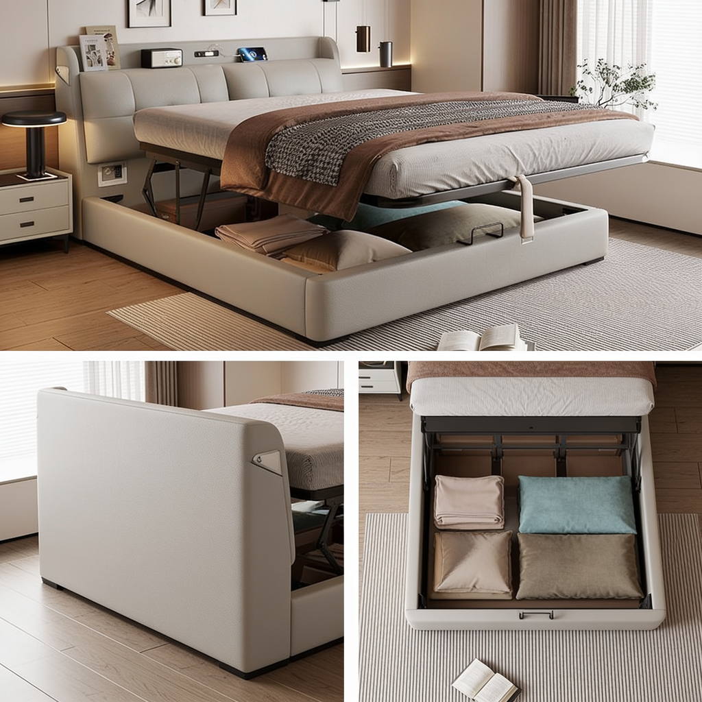 Modern Soft-Upholstered Leather Bed Italian Style High Box Storage Bed A105