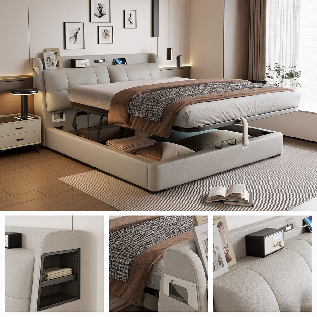 Modern Soft-Upholstered Leather Bed Italian Style High Box Storage Bed A105