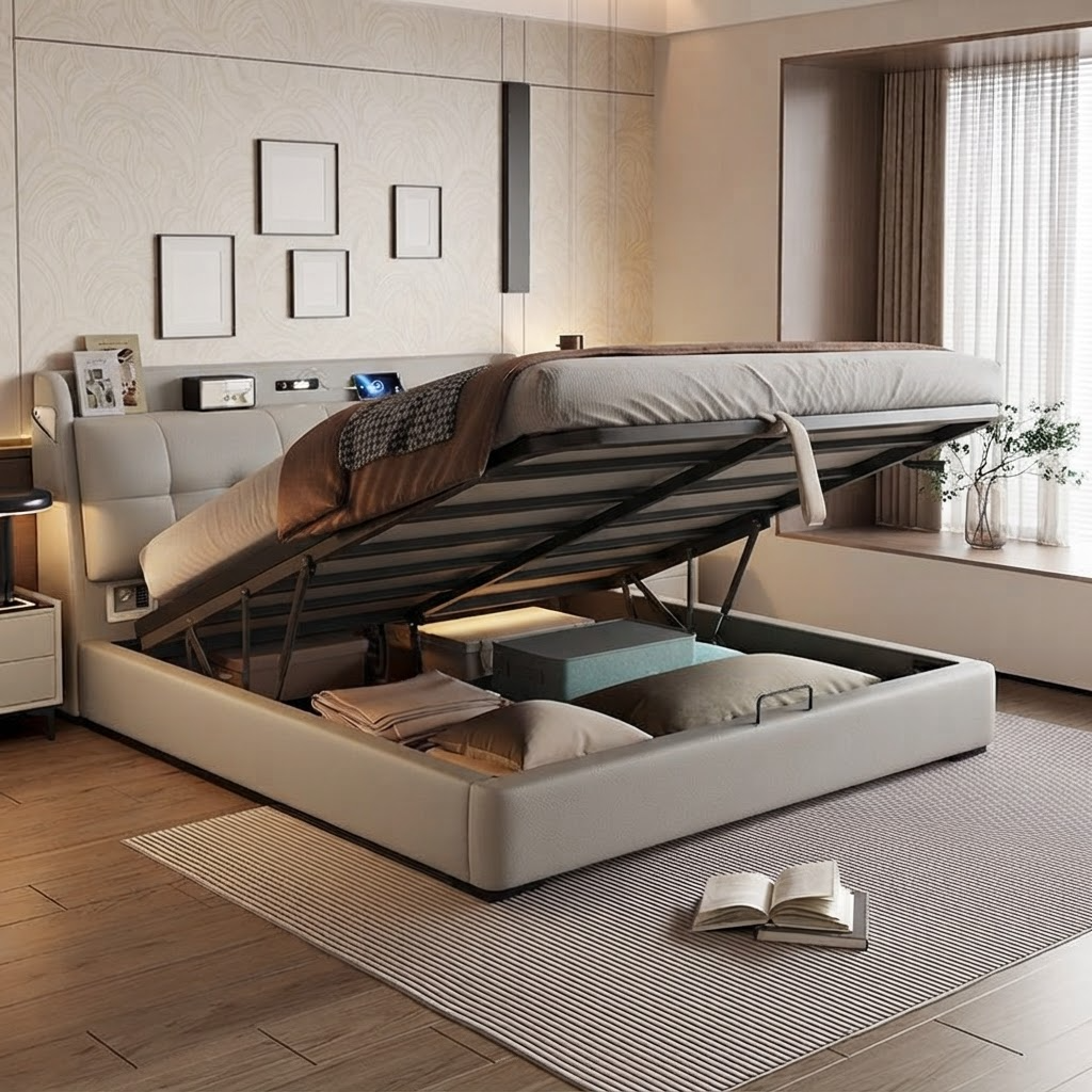 Modern Soft-Upholstered Leather Bed Italian Style High Box Storage Bed A105