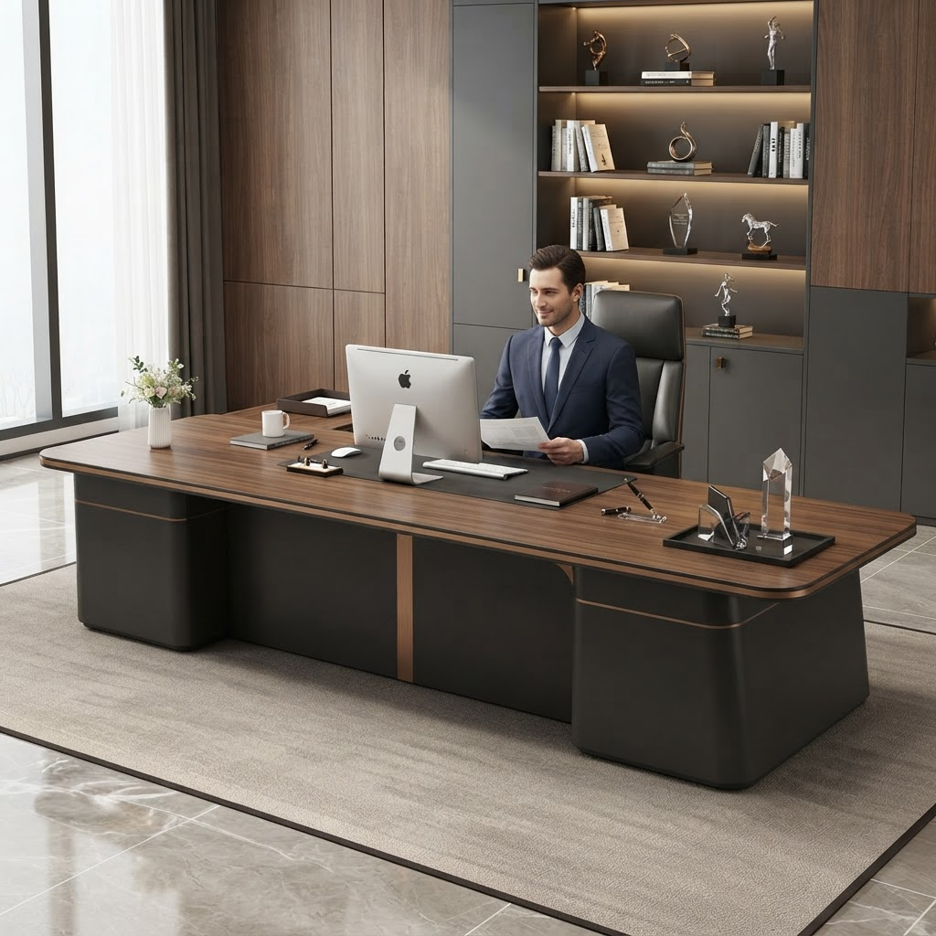 Solid Wood Executive Desk  Light Luxury Boss Desk, Ash & Black Walnut A117