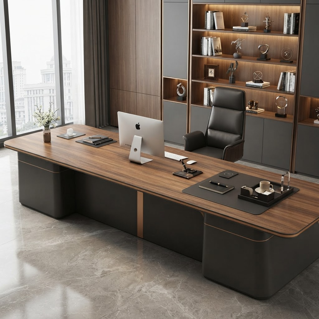 Solid Wood Executive Desk  Light Luxury Boss Desk, Ash & Black Walnut A117