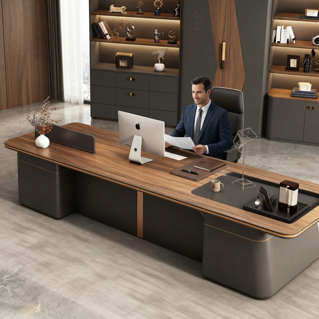 Solid Wood Executive Desk  Light Luxury Boss Desk, Ash & Black Walnut A117