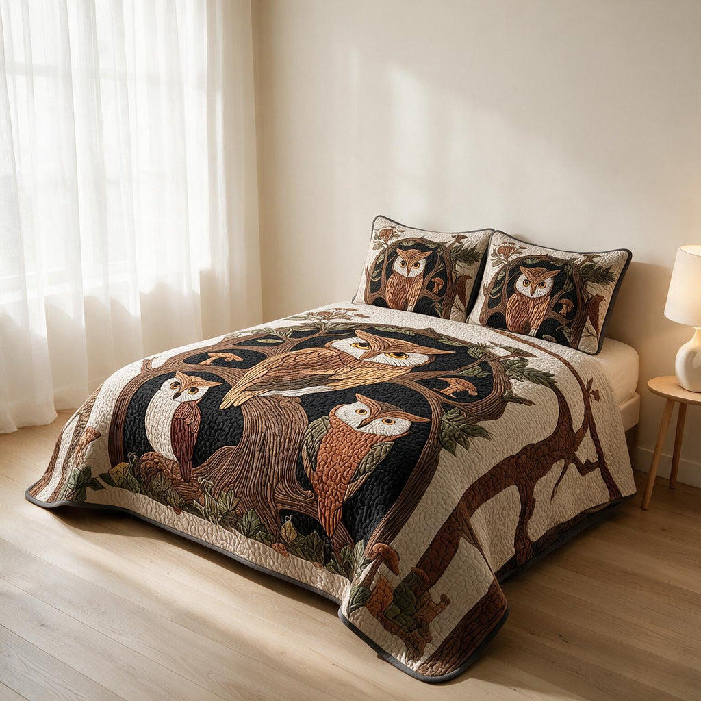 Owl Pattern Digital Print Quilted Bedspread Set A158