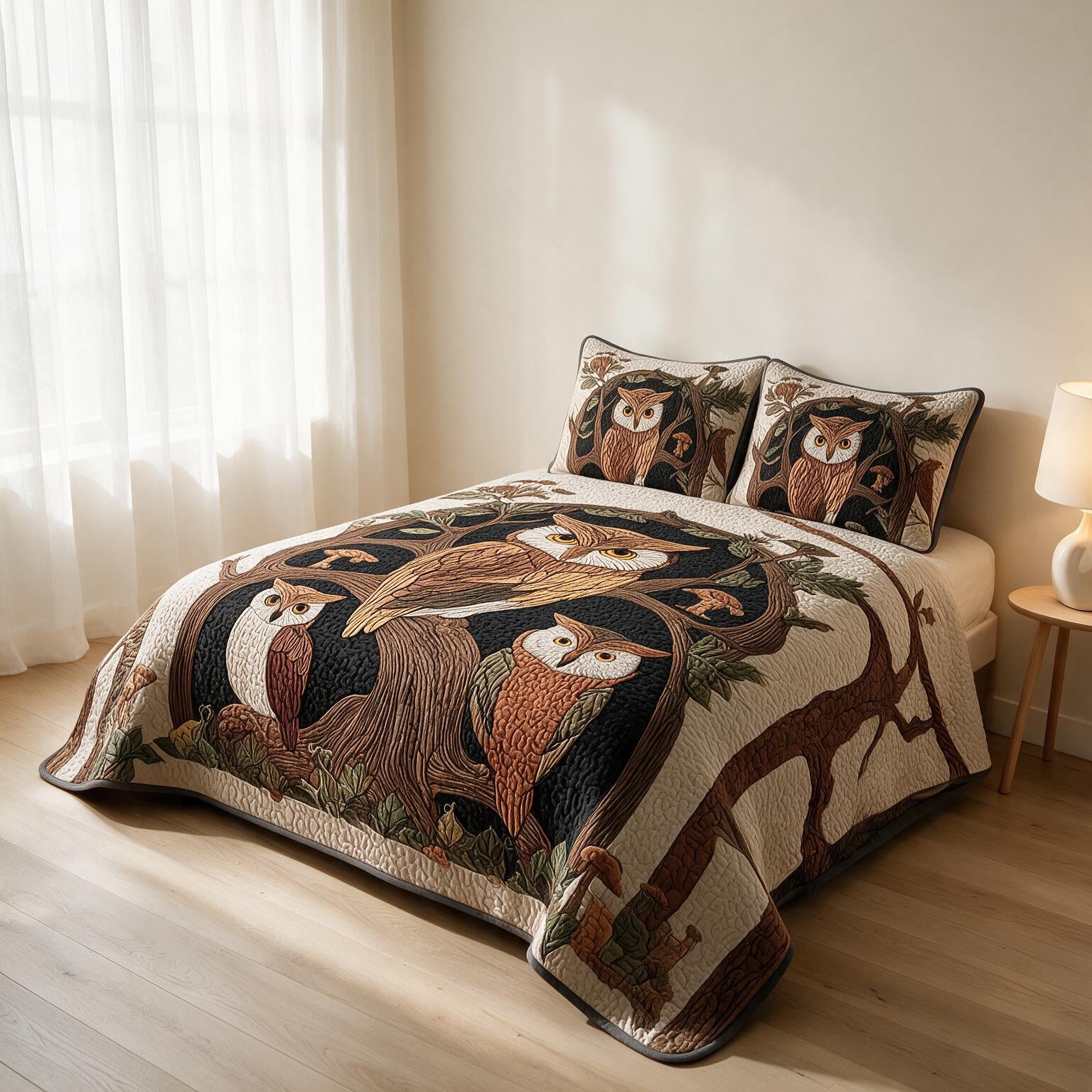 Owl Pattern Digital Print Quilted Bedspread Set A158