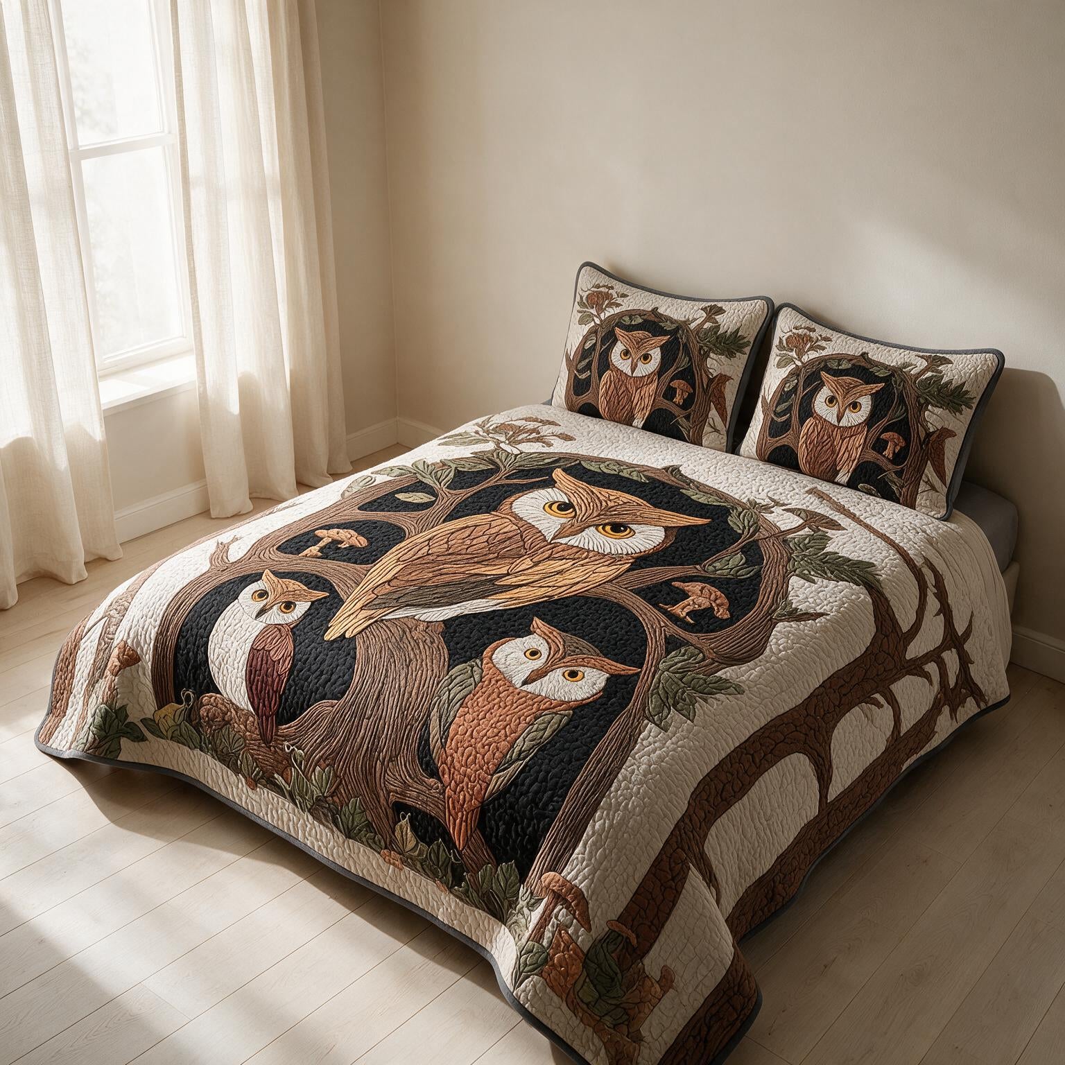 Owl Pattern Digital Print Quilted Bedspread Set A158