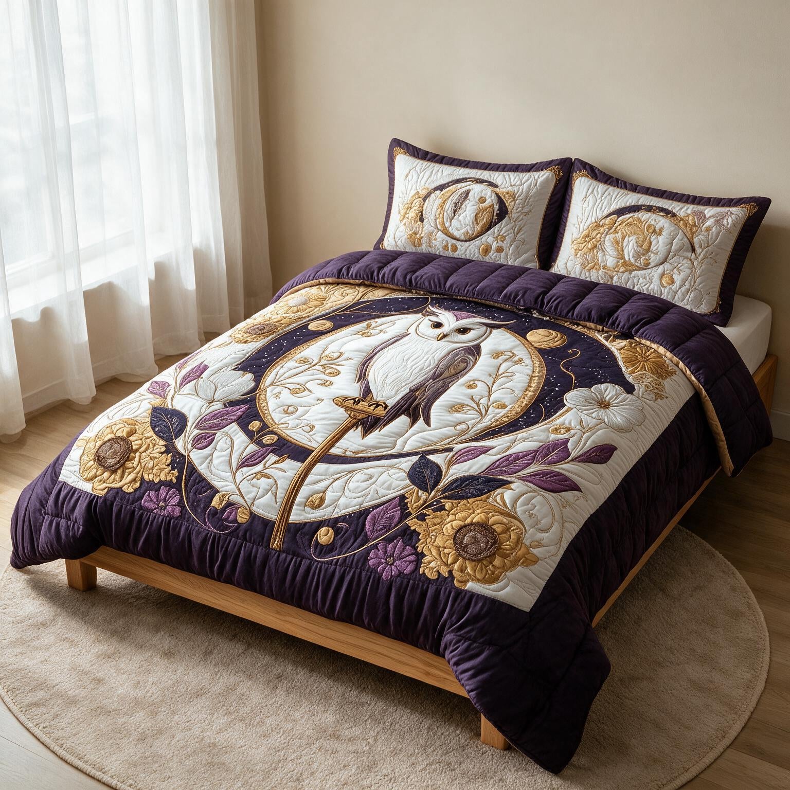 Owl Pattern Digital Print Quilted Bedspread Set A158