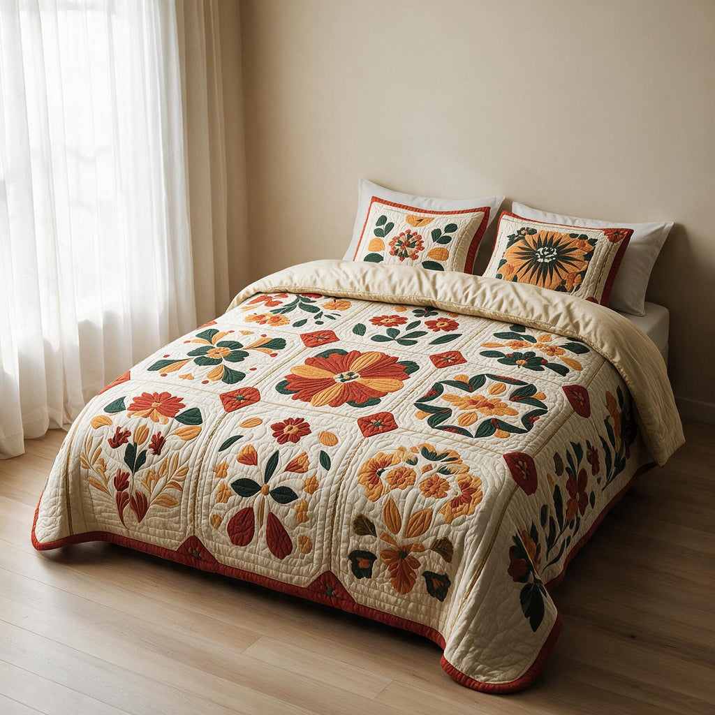 Quilted Comforter Set | Floral Digital Print Bedspread A159
