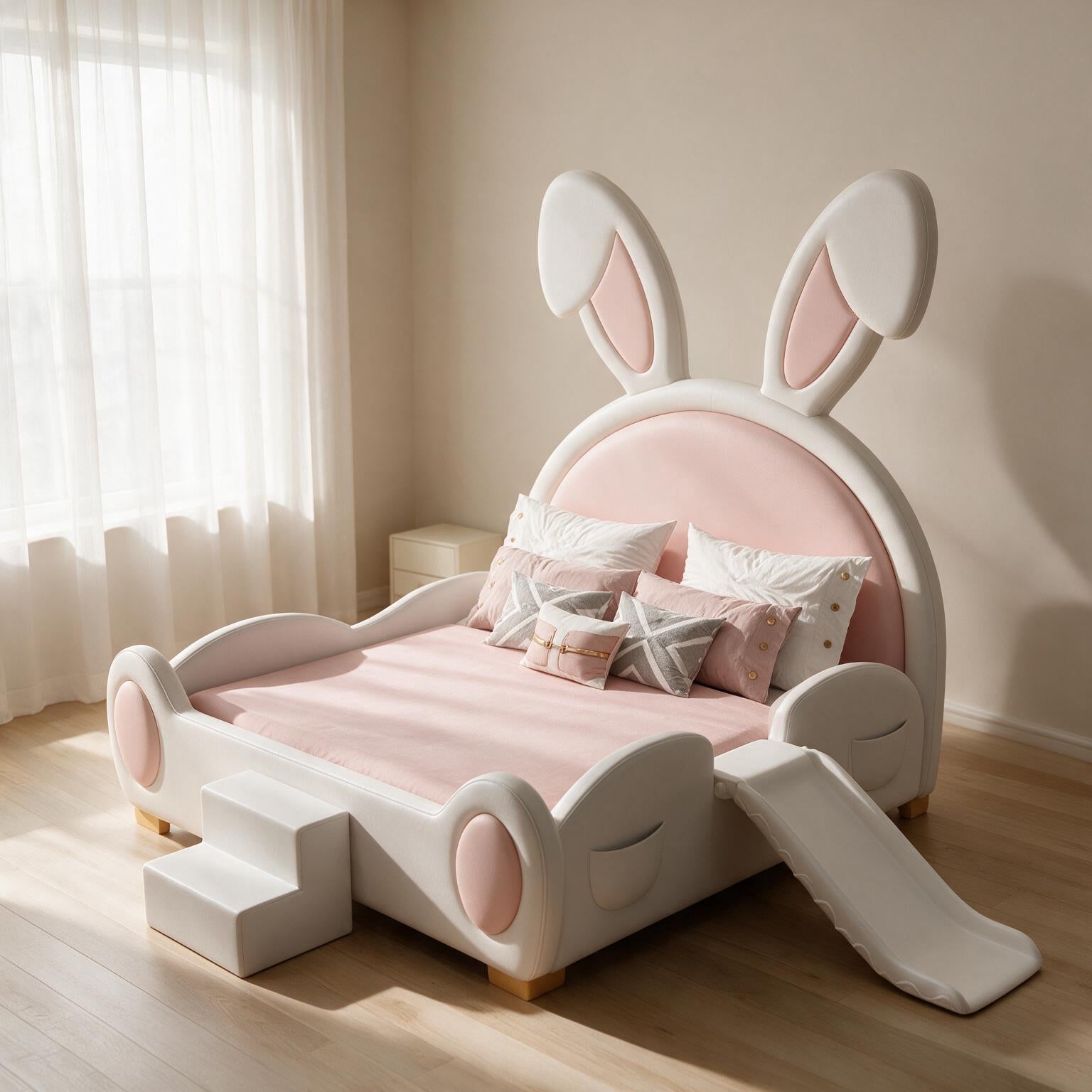 Cartoon Pink Rabbit Girl's Bed with Guardrail A174