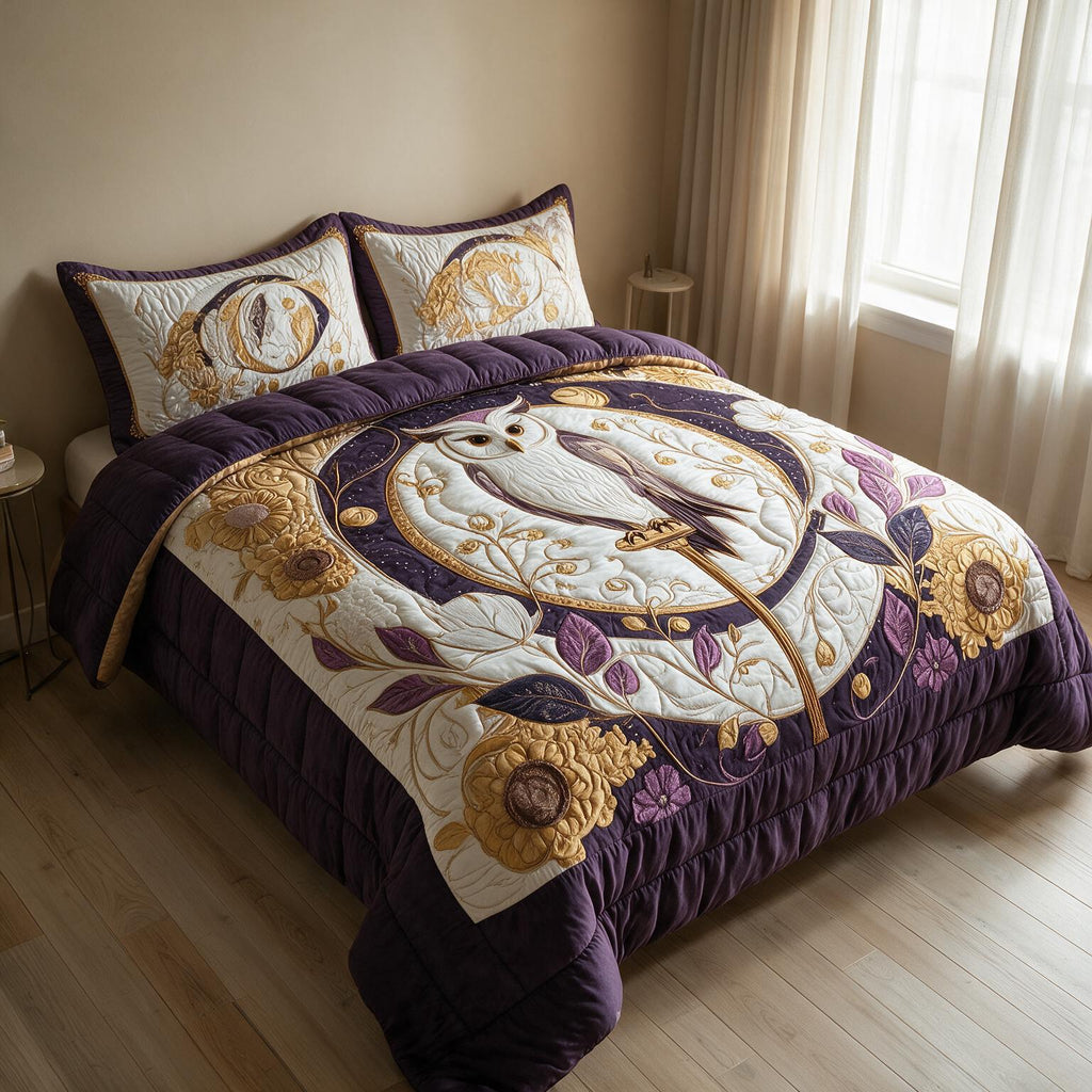 Owl Pattern Digital Print Quilted Bedspread Set A158