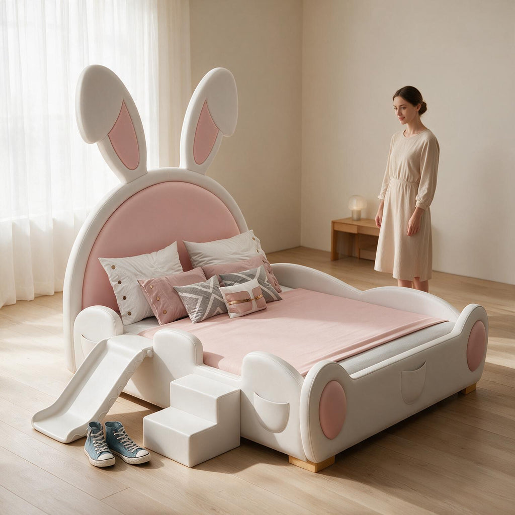 Cartoon Pink Rabbit Girl's Bed with Guardrail A174