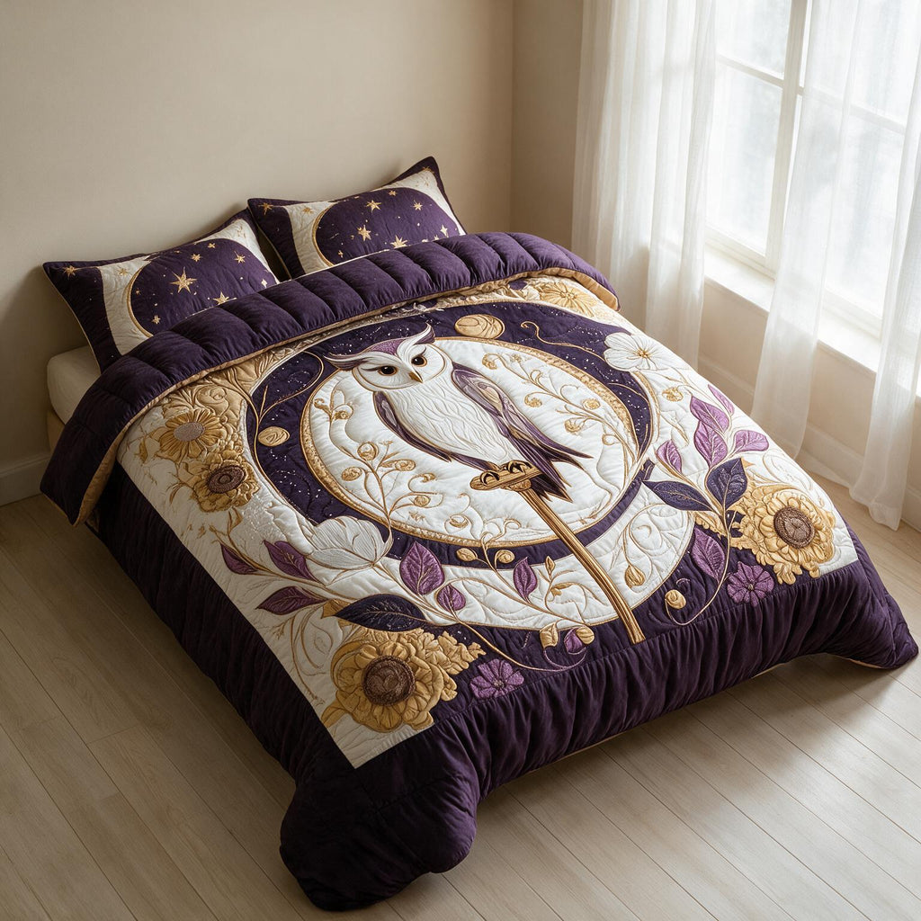 Owl Pattern Digital Print Quilted Bedspread Set A158