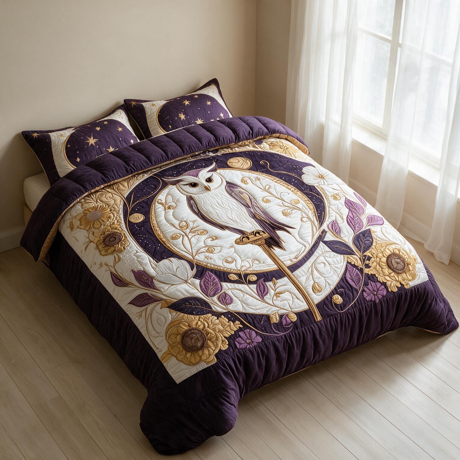 Owl Pattern Digital Print Quilted Bedspread Set A158
