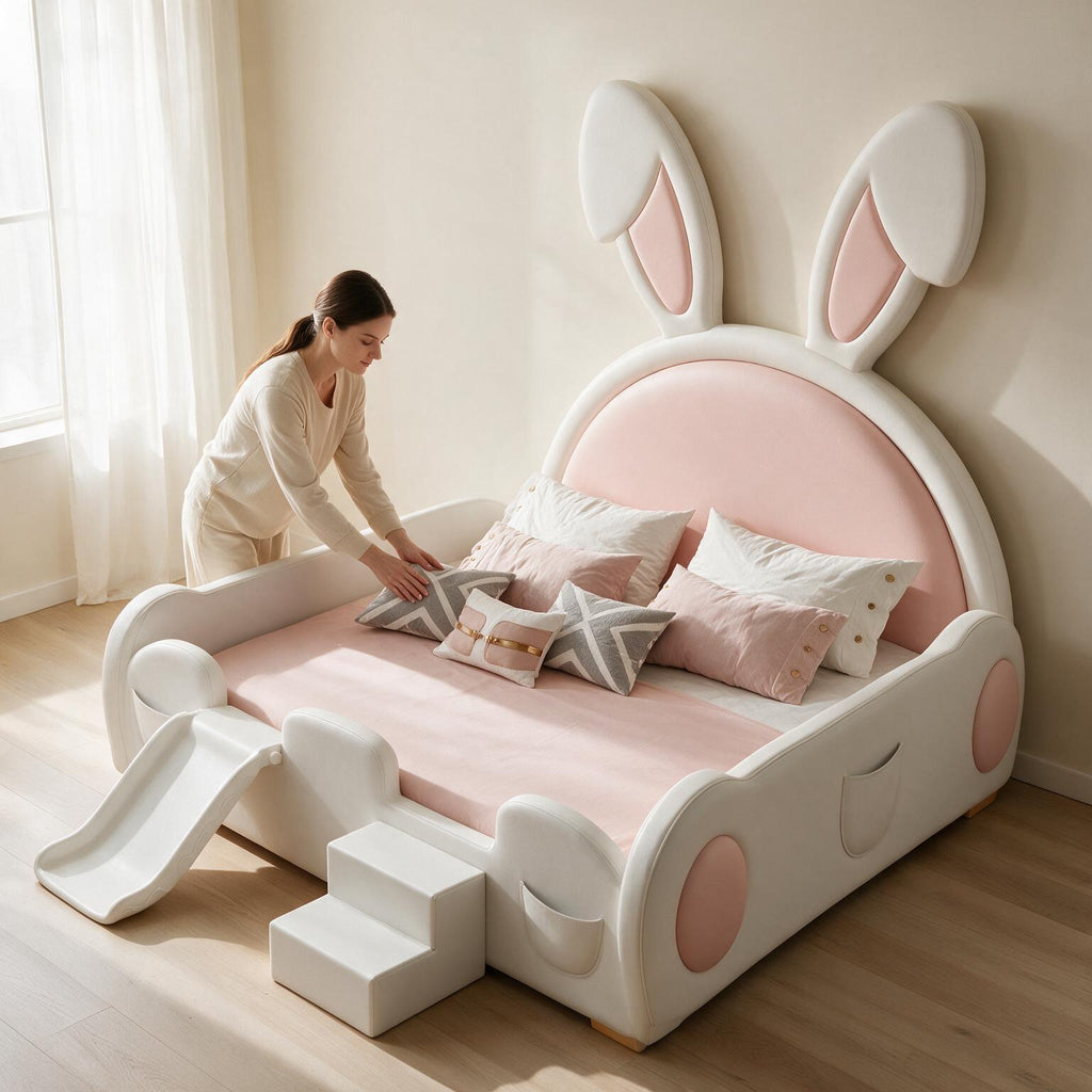 Cartoon Pink Rabbit Girl's Bed with Guardrail A174