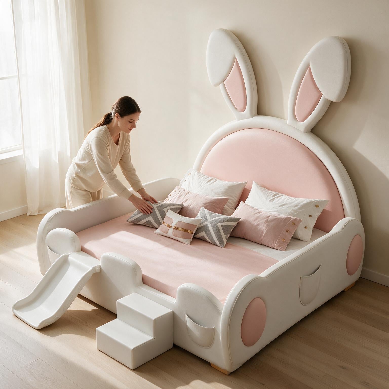 Cartoon Pink Rabbit Girl's Bed with Guardrail A174