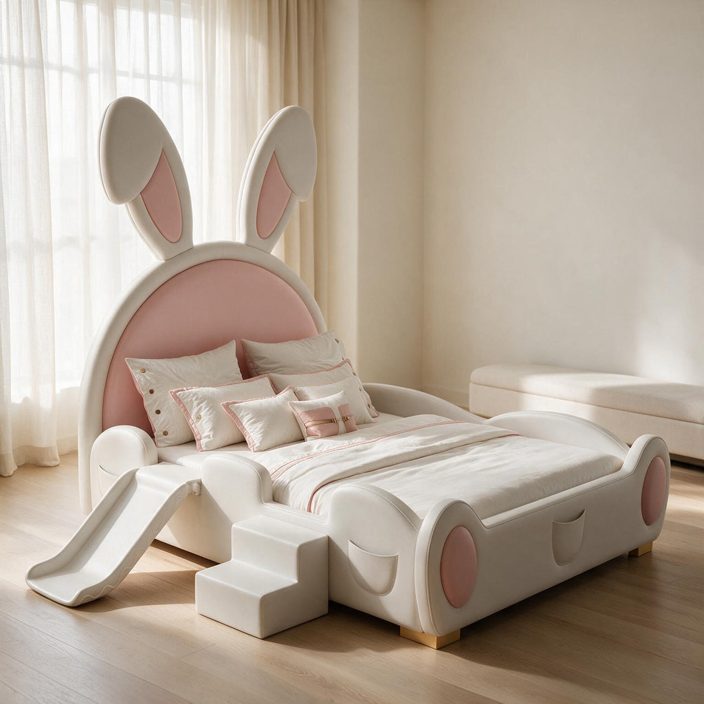 Cartoon Pink Rabbit Girl's Bed with Guardrail A174