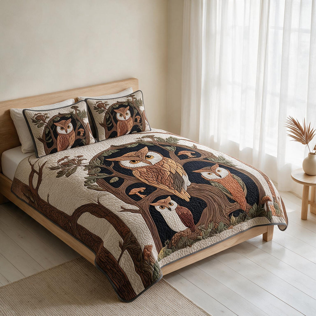 Owl Pattern Digital Print Quilted Bedspread Set A158