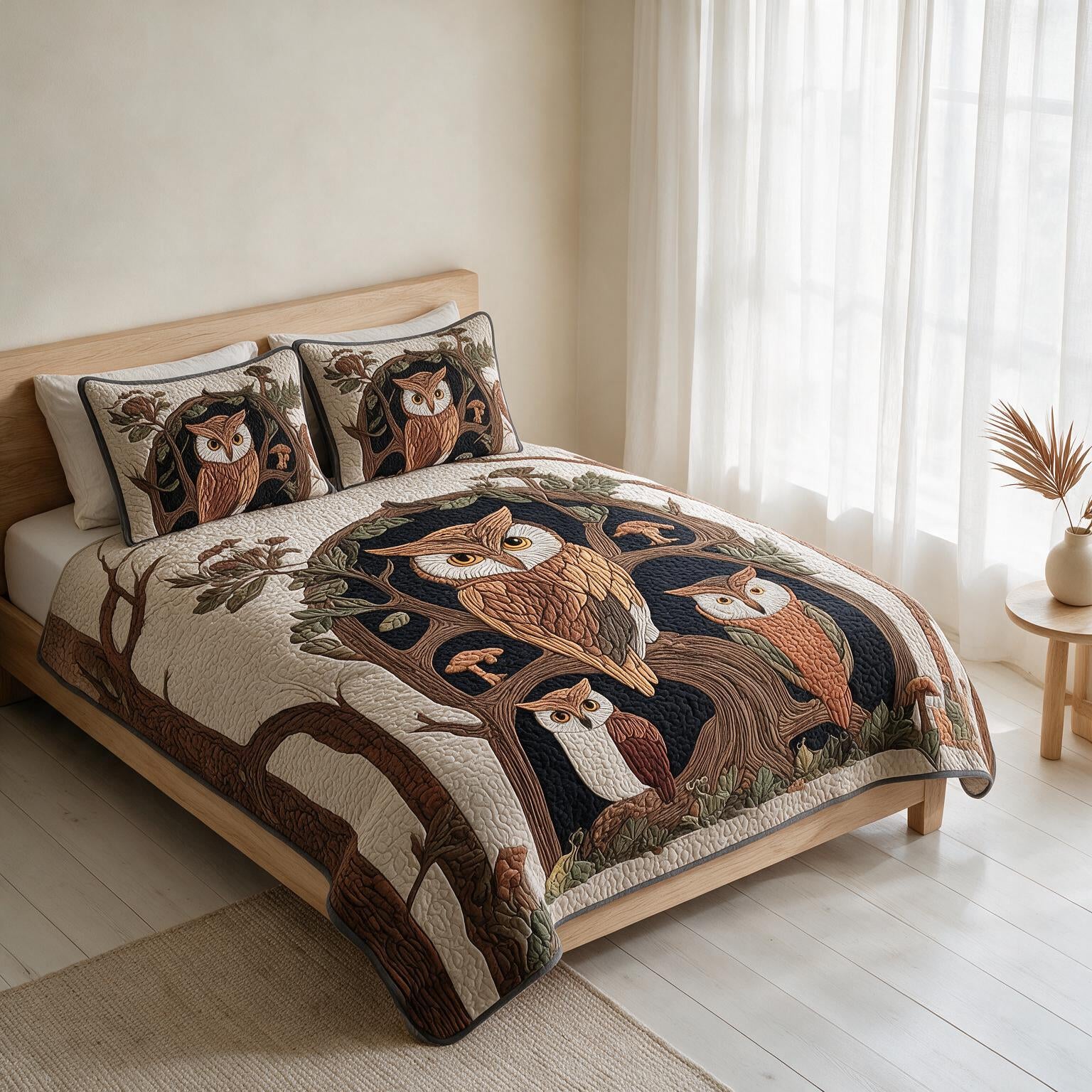Owl Pattern Digital Print Quilted Bedspread Set A158