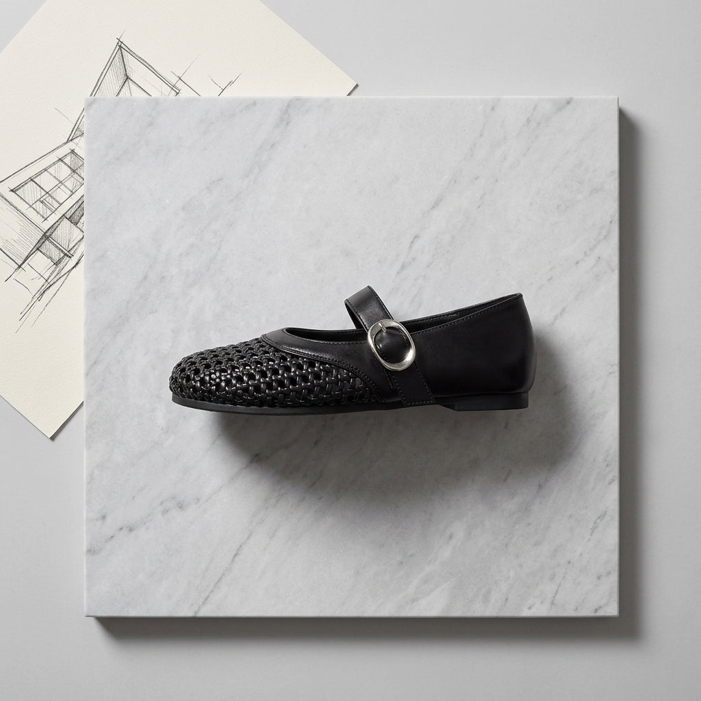 Women's woven mesh Mary Jane flats in black - flatlay