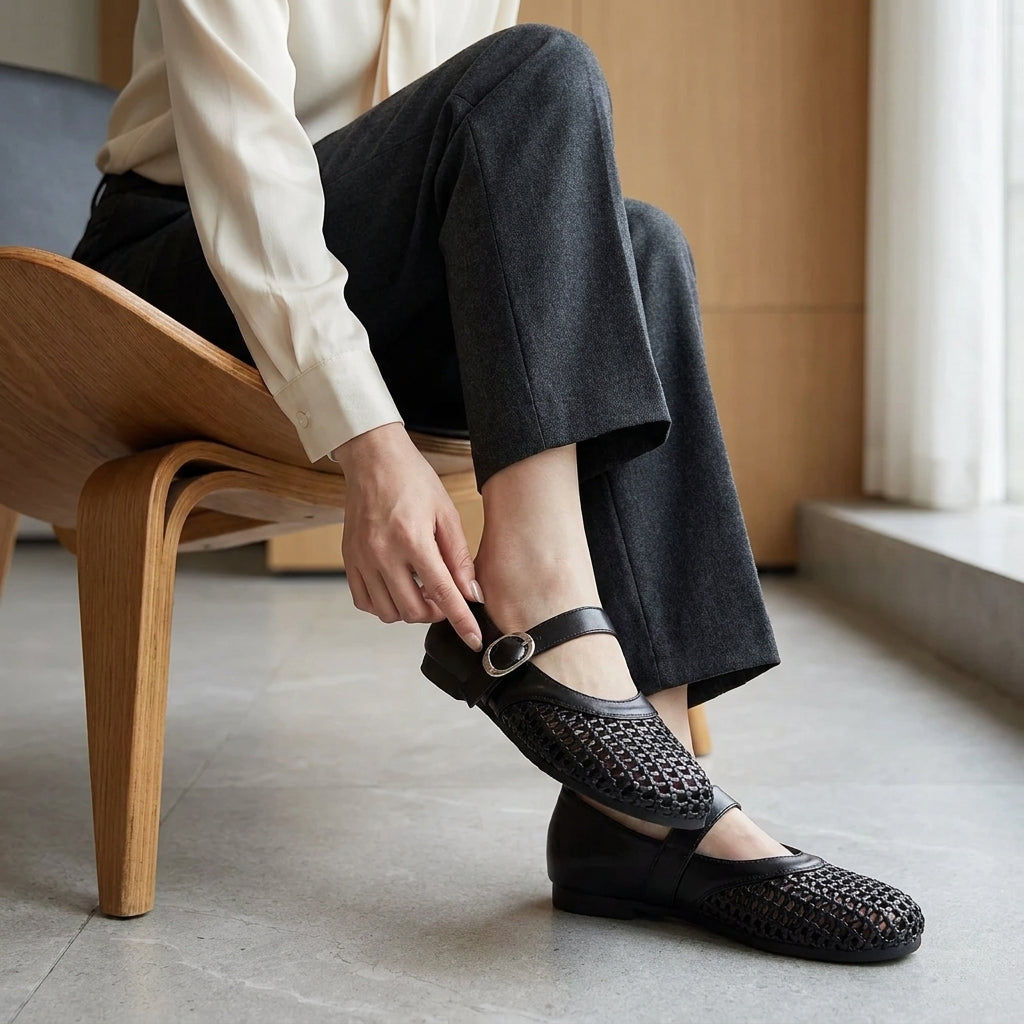 Women's woven mesh Mary Jane flats in black - in use lifestyle shot