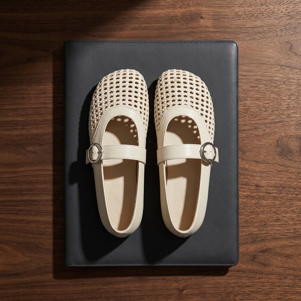 Women's woven mesh Mary Jane flats in cream - flatlay