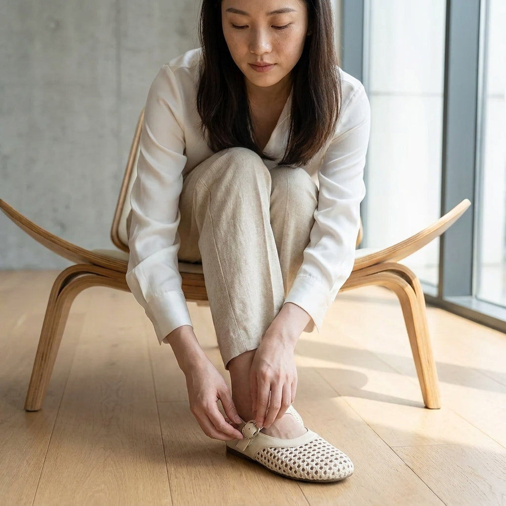 Women's woven mesh Mary Jane flats in cream - in use lifestyle shot