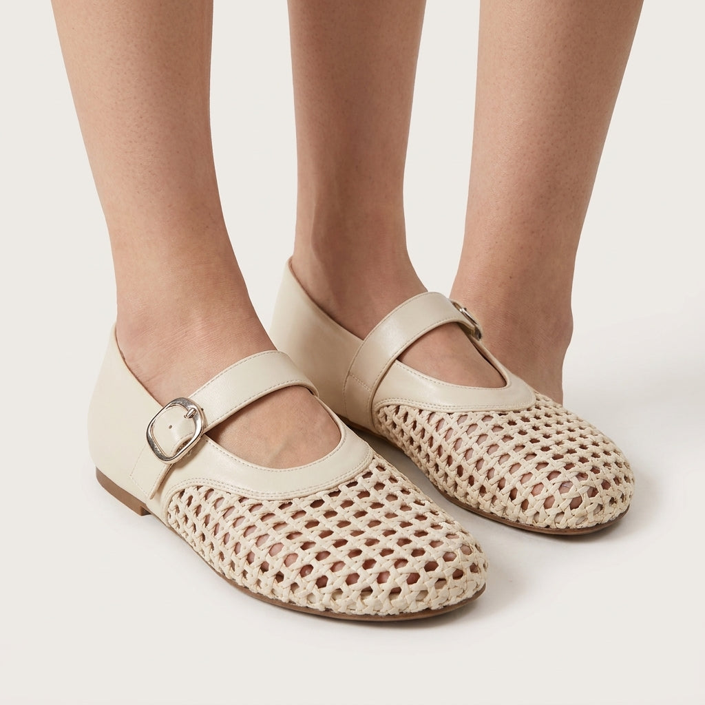 Women's woven mesh Mary Jane flats in cream - worn on feet
