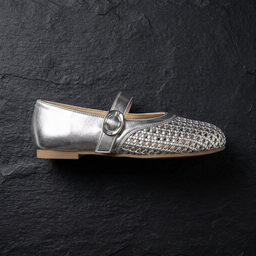 Women's woven mesh Mary Jane flats in silver - flatlay