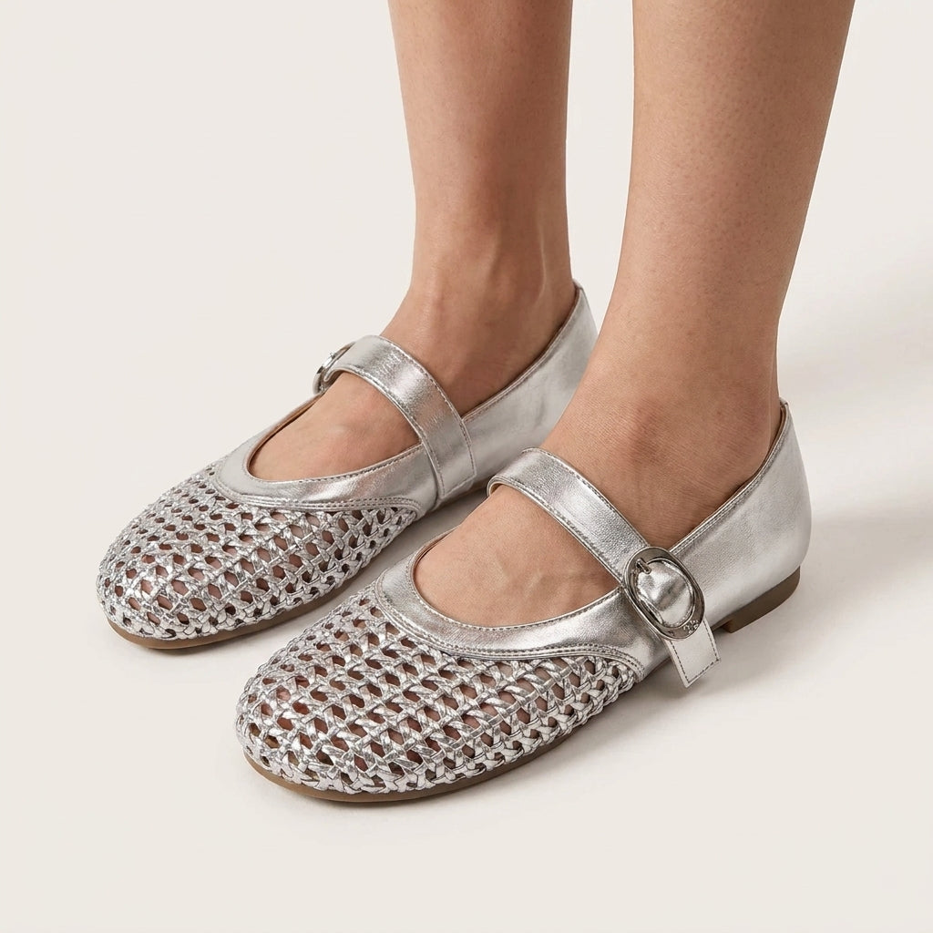 Women's woven mesh Mary Jane flats in silver - worn on feet