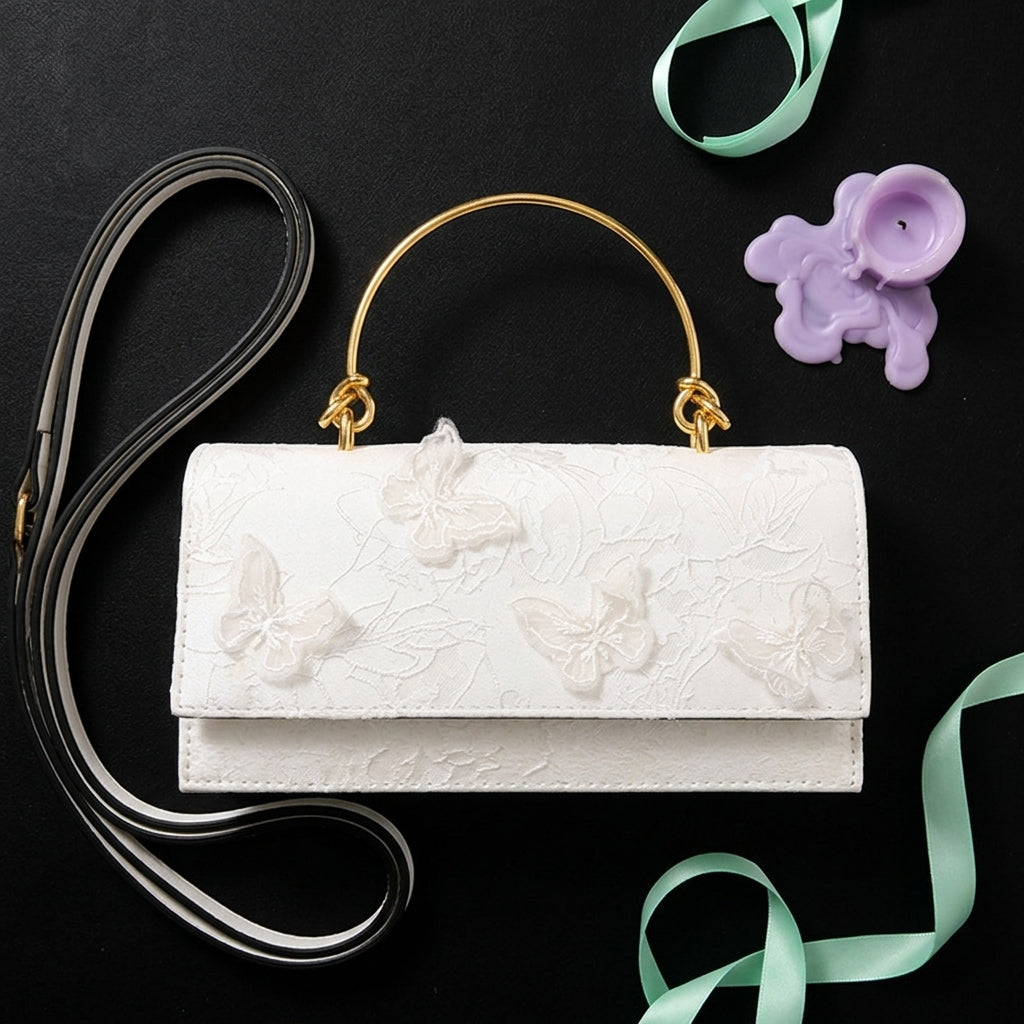 Lace Embroidered Flap Bag for Women | Gold Ring Handle A3