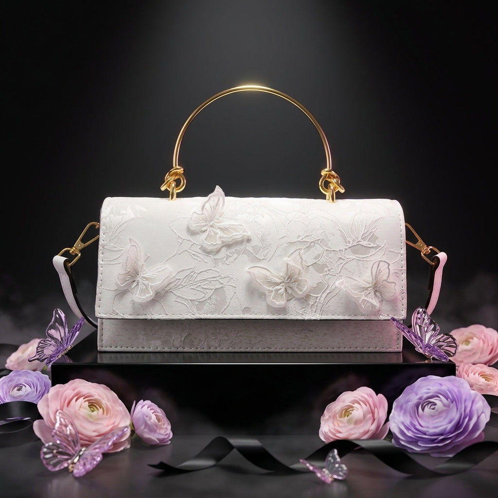 Lace Embroidered Flap Bag for Women | Gold Ring Handle A3